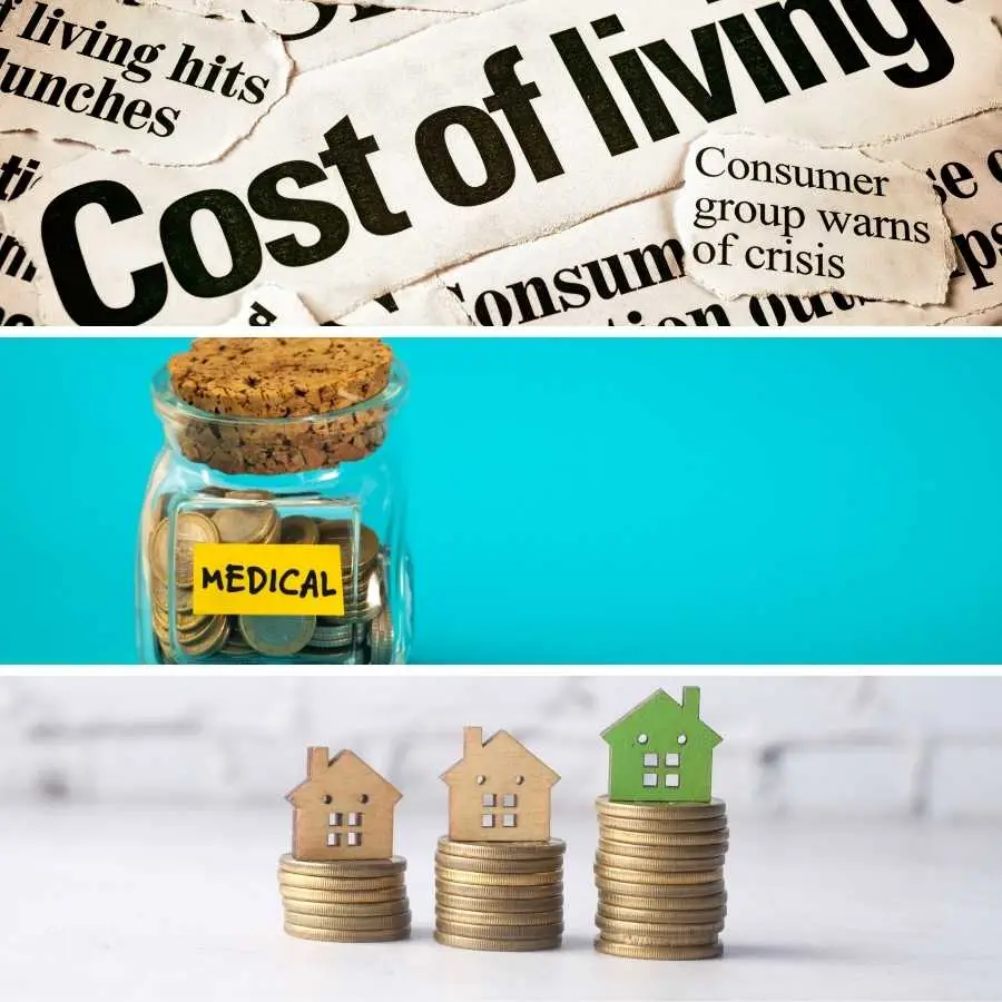 Newspaper Clippings With 'Cost of Living' Headline, Medical Savings Jar, and House Models on Coin Stacks