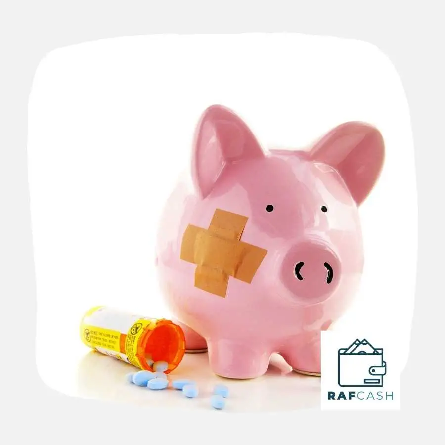 Piggy Bank with Bandages and Medication Representing Medical Expenses
