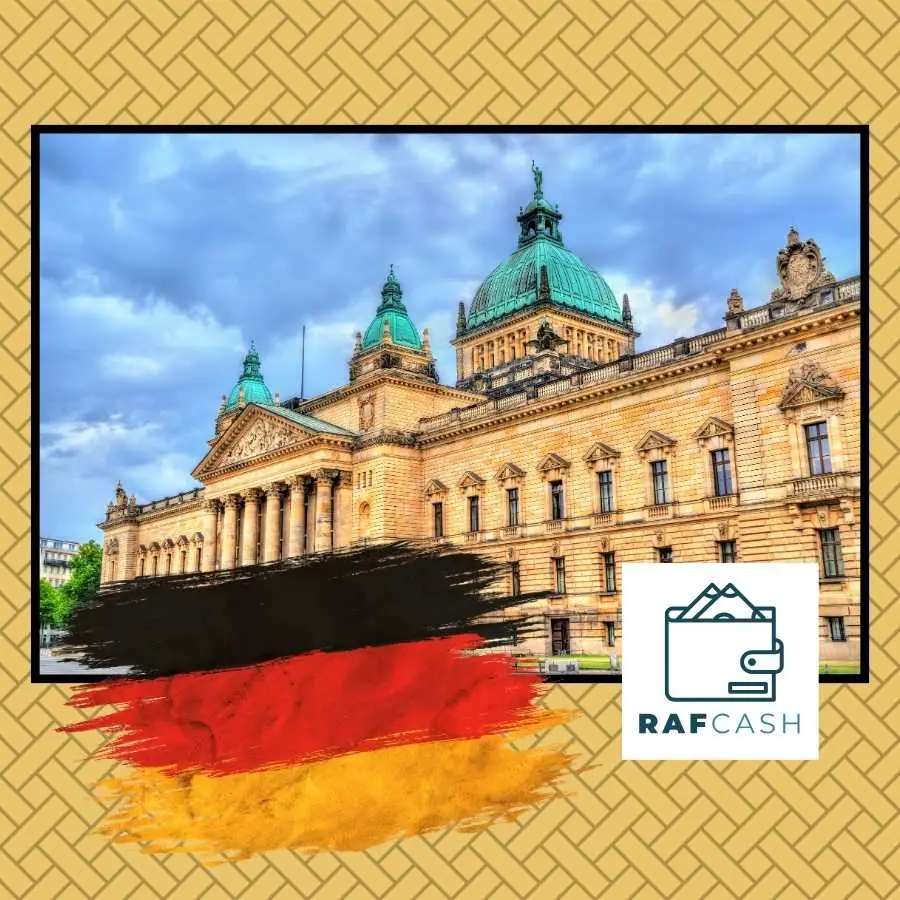 Historic German courthouse building with the national flag, representing legal proceedings similar to RAF litigation.