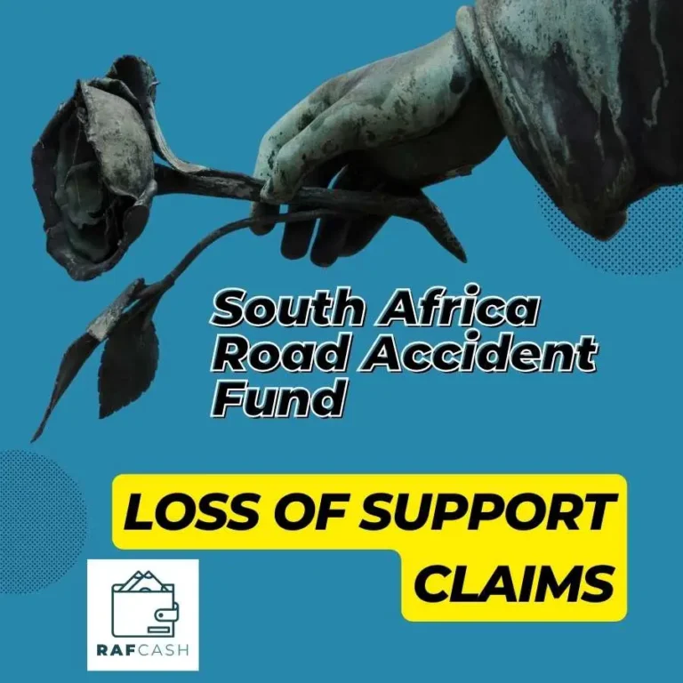 Statuesque hand holding a wilted rose representing the support lost due to road accidents, with text about the South Africa Road Accident Fund's Loss of Support Claims.