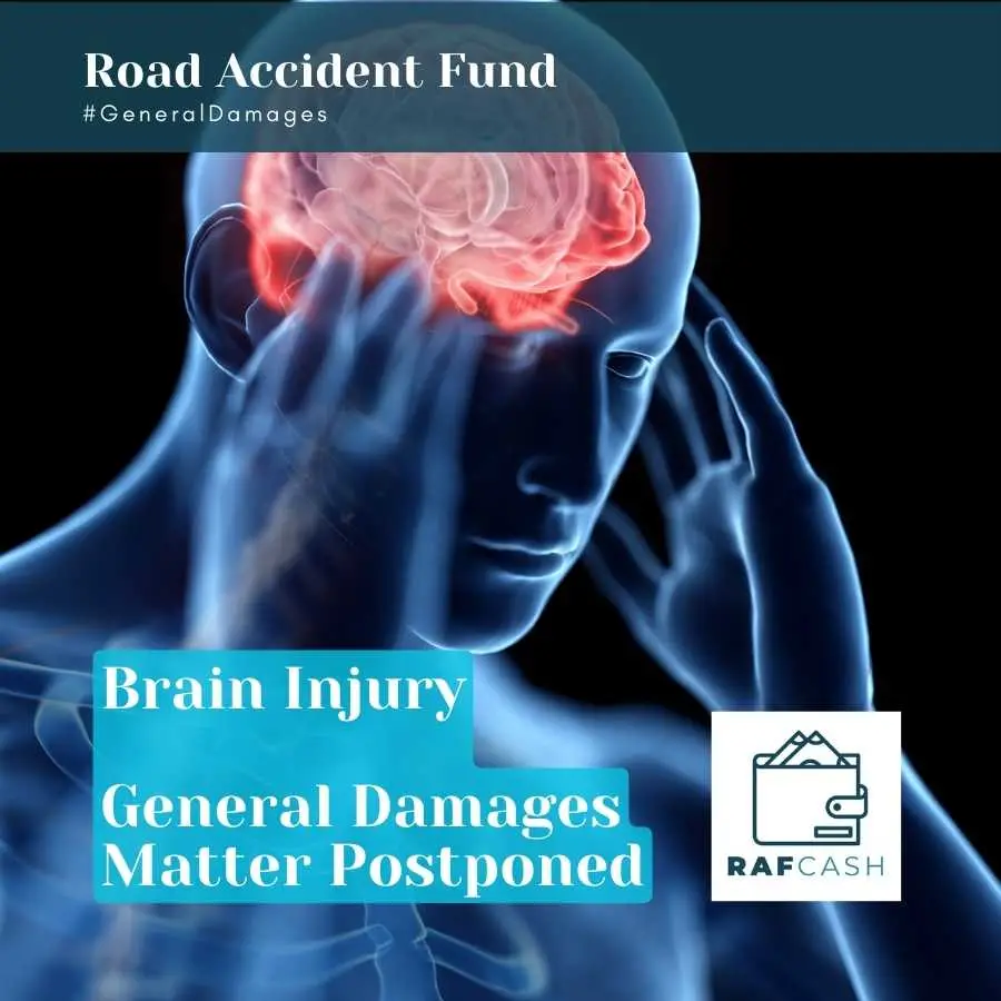 X-ray visualization of a brain injury with text indicating a postponed RAF general damages matter