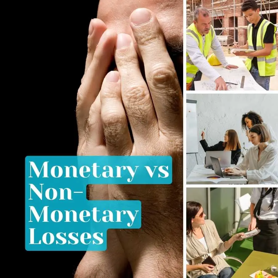 Collage depicting monetary and non-monetary losses: a person in deep thought, construction workers planning, an office meeting, and a woman receiving cash.