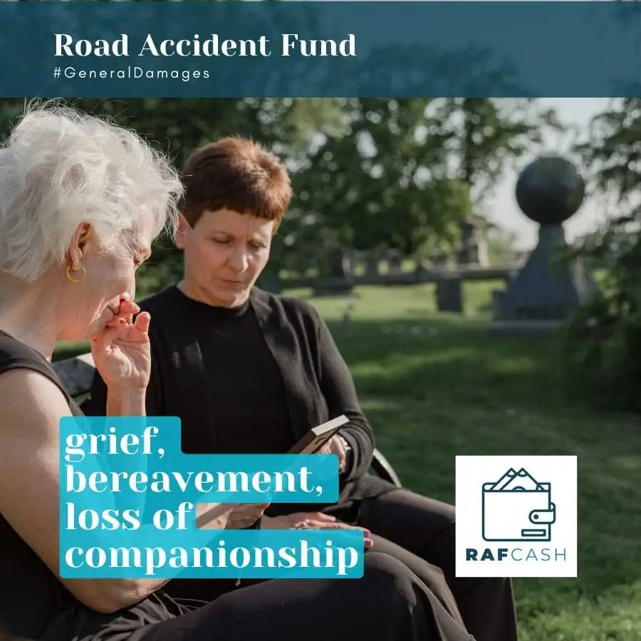 Two women mourning at a cemetery, with text about grief, bereavement, and loss of companionship, highlighting the Road Accident Fund's support.
