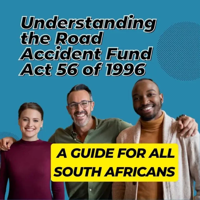 Informative graphic explaining the Road Accident Fund Act 56 of 1996 with diverse group of smiling South Africans