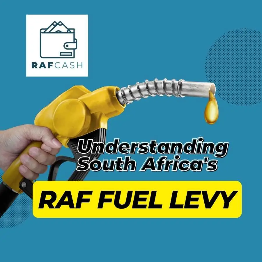 Fuel pump with dropping yellow petrol against a blue background with the RAF Cash logo, highlighting the concept of RAF Fuel Levy in South Africa.