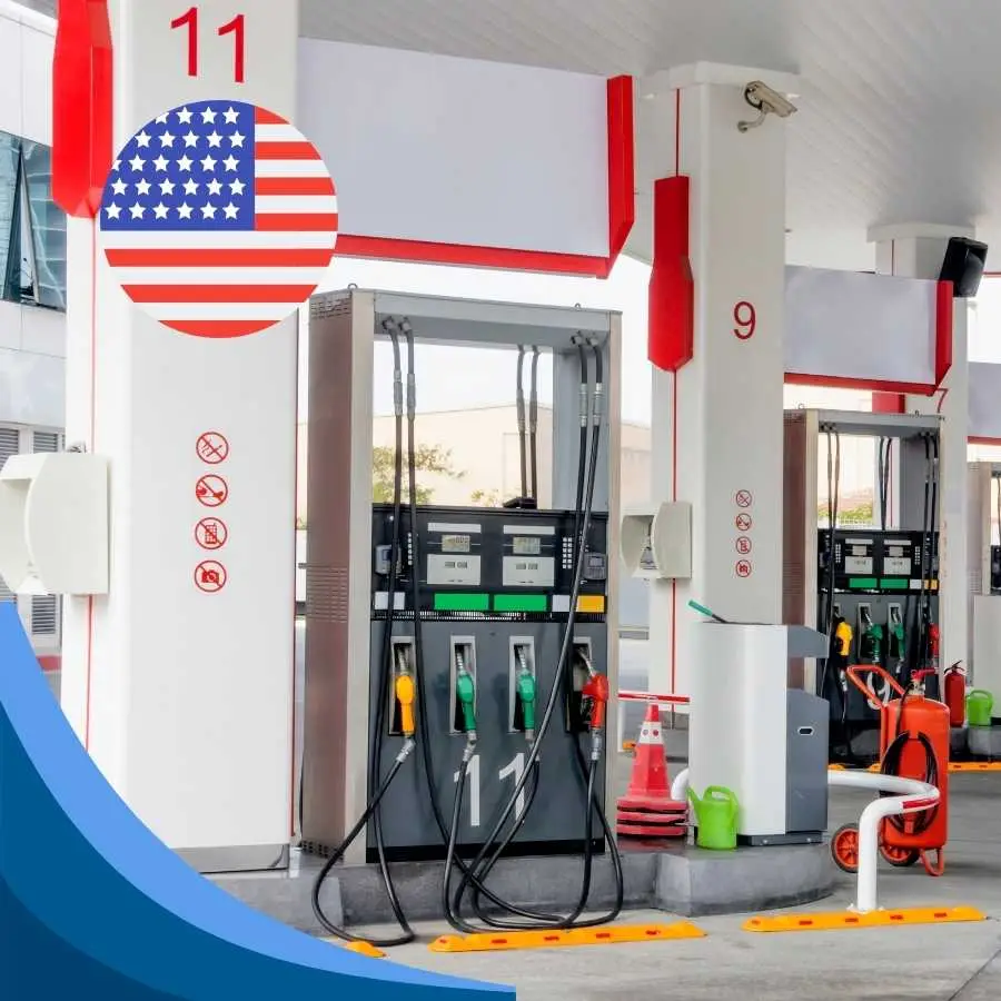 Gas station pumps with an American flag emblem, signifying a discussion on U.S. fuel policies.