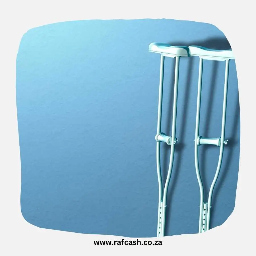 Blue crutches against a blue background with the website URL www.raf cash.co.za visible, symbolizing support and recovery for road accident victims.