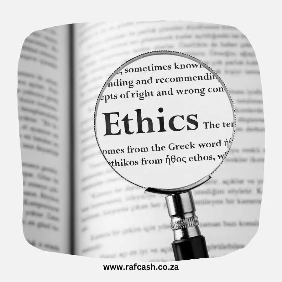 Magnifying glass highlighting the word "Ethics" in a document