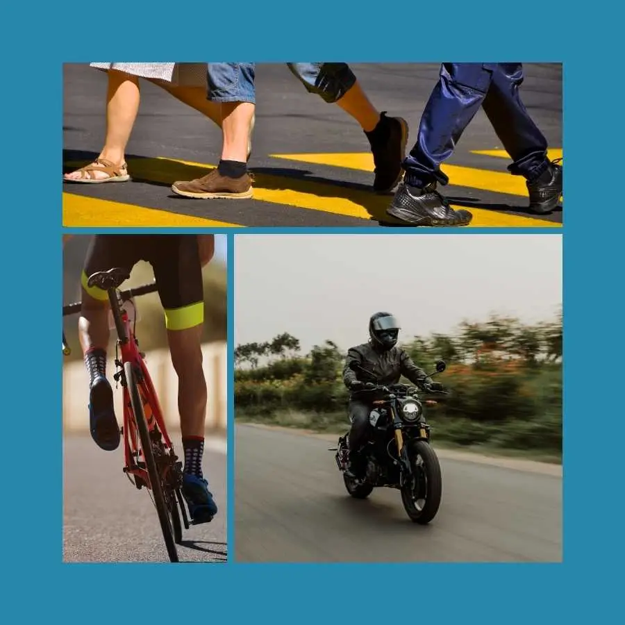 Collage of Pedestrians, Cyclist, and Motorcyclist on the Road