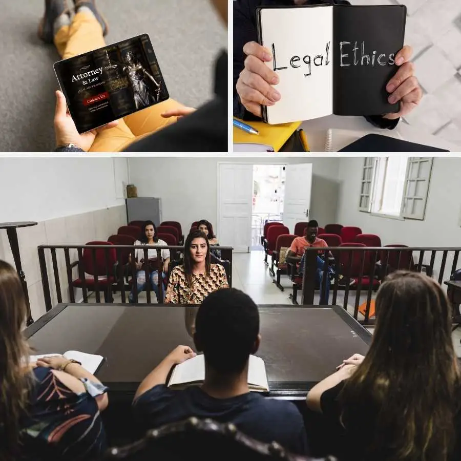 Collage of images showcasing a digital tablet with 'Attorney & Law' on the screen, a notebook with 'Legal Ethics' written, and a diverse group of individuals in a courtroom setting.