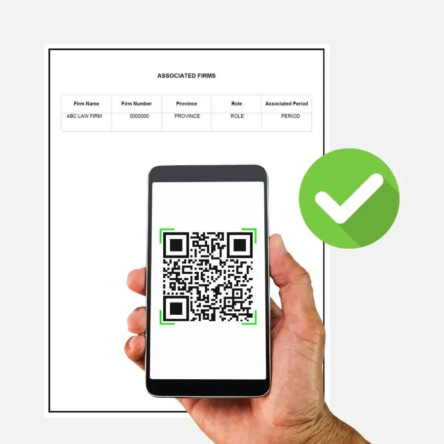 Hand holding a smartphone scanning a QR code for verification of an attorney's Fidelity Fund Certificate.