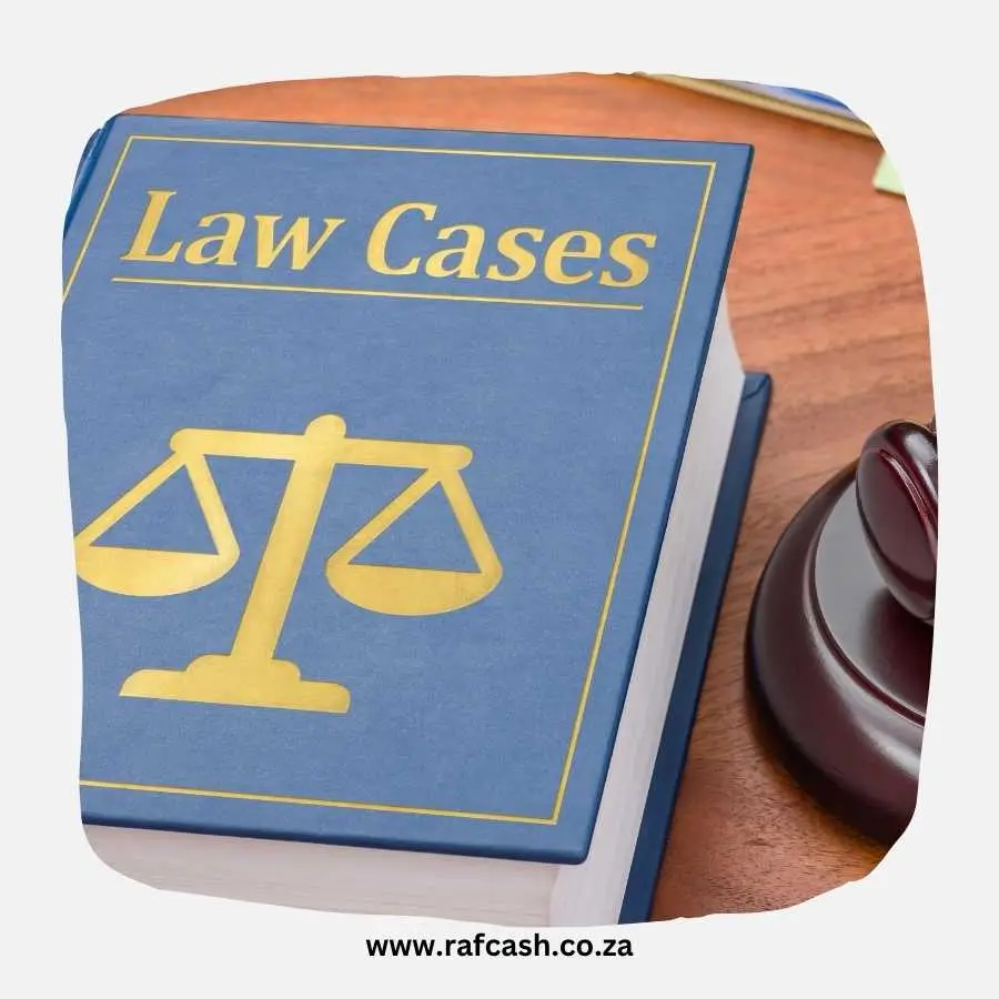 A book titled 'Law Cases' with the scales of justice on the cover next to a judge's gavel.