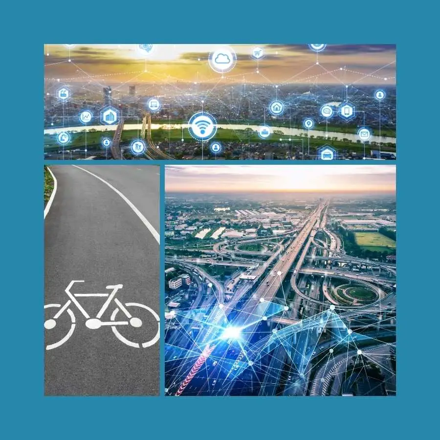Composite image of bike lane, interconnected networks, and highway traffic