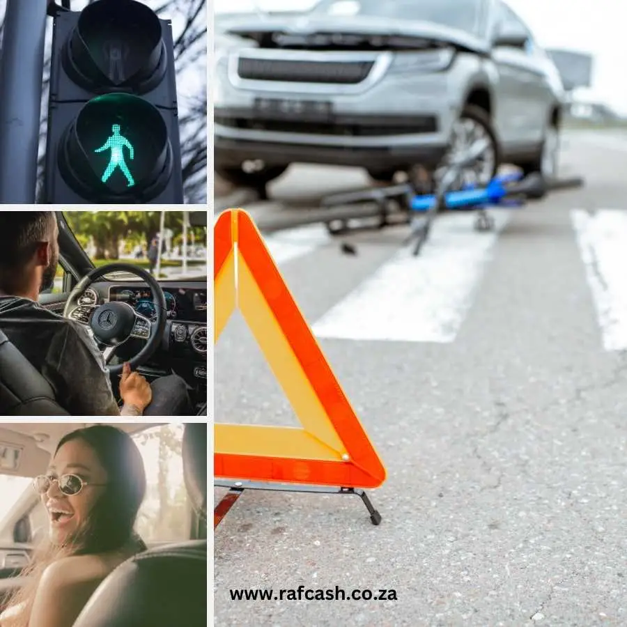 Montage of road safety and accident images including pedestrian signal, car collision with bicycle, driver at the wheel, and safety warning triangle