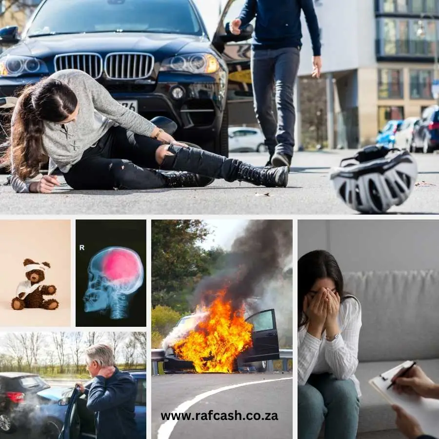 Series of images depicting various road accident scenes and their aftermath, highlighting the potential severity and impact on victims