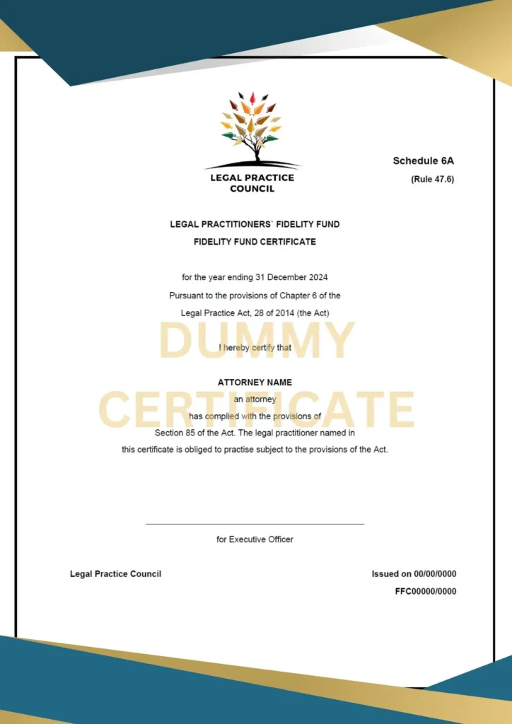 Sample Fidelity Fund Certificate from the Legal Practitioners Fidelity Fund ensuring financial protection for clients.