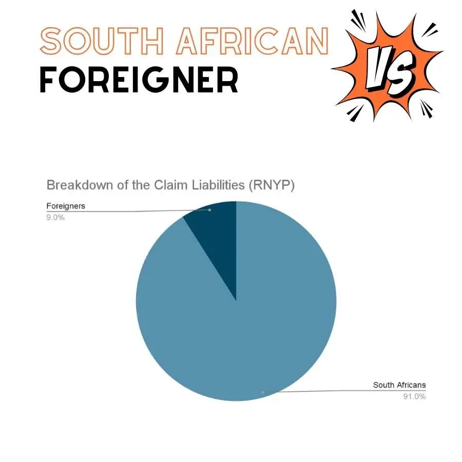 Pie chart showing the percentage of RAF claim liabilities between South Africans and foreigners