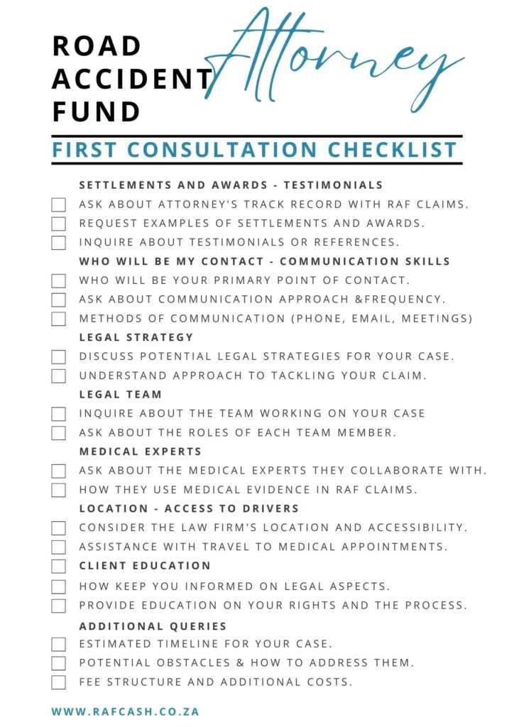 Checklist for initial consultation with a Road Accident Fund attorney, including questions on settlements, legal strategy, and client communication.