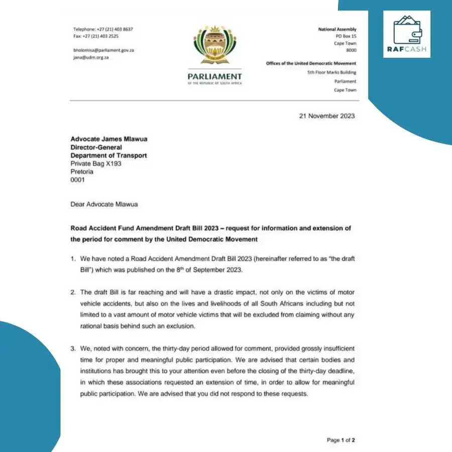 Official document of the RAF Amendment Bill 2023 addressed to the Director-General of Transport