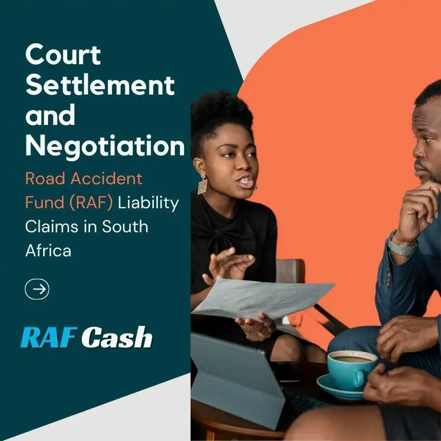 Woman and man discussing Road Accident Fund liability claims in a professional setting with RAF Cash branding
