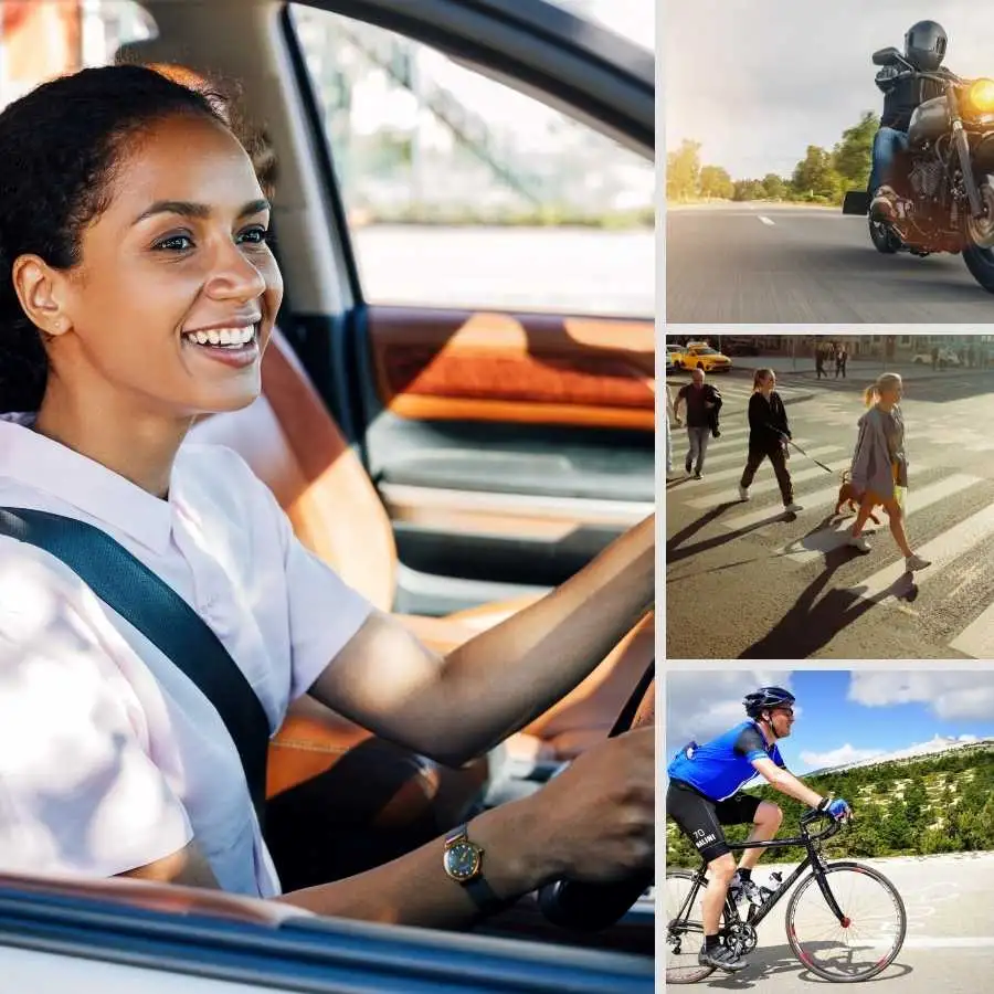 Collage of diverse road users including a driver, motorcyclist, pedestrians, and a cyclist