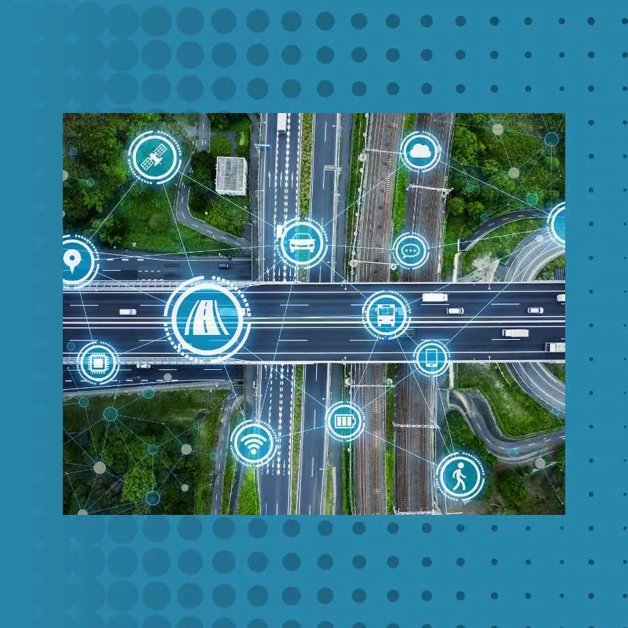 Aerial view of a highway with smart traffic management systems