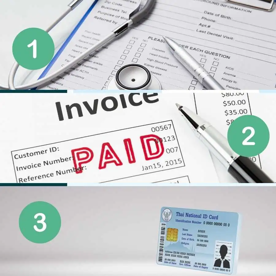 Collage of a medical form with a stethoscope, a paid medical invoice, and a National ID card