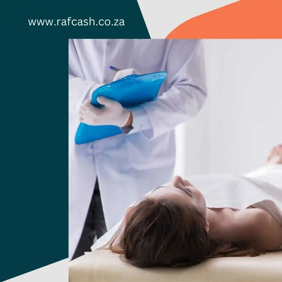 Doctor assessing a female patient's injuries in a medical examination room