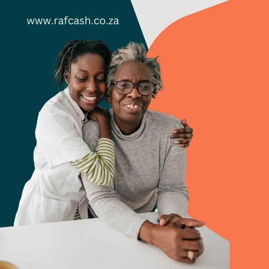 Young nurse embracing an elderly woman with a joyful expression