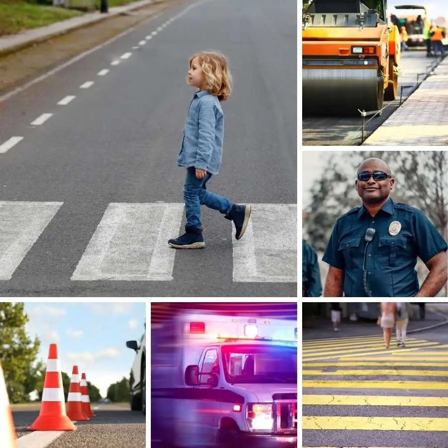 Collage of road safety images including a child at a crosswalk, road construction, traffic officer, emergency vehicle, and pedestrian crossing