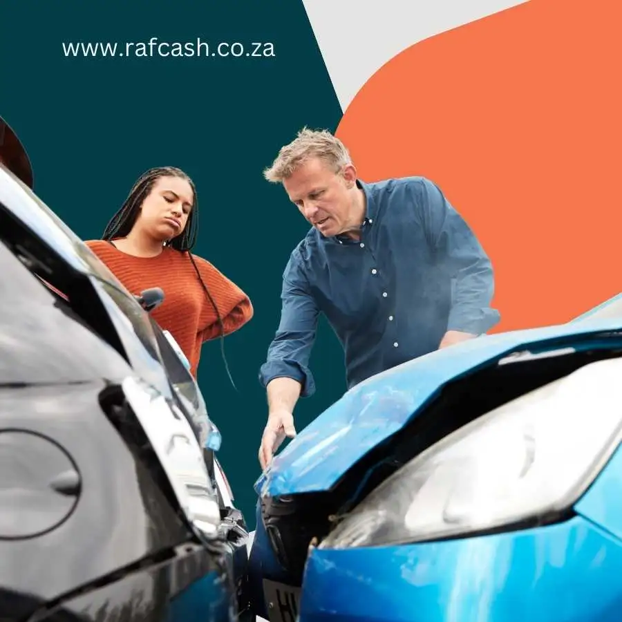 Two people examining damage on their cars after an accident