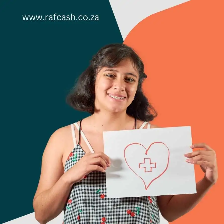 Young woman holding a sign with a heart and medical cross, promoting health support at RAF Cash