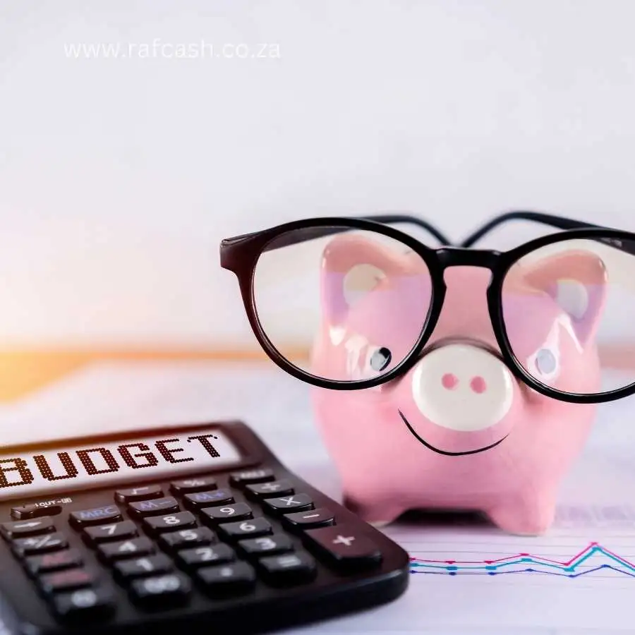 Piggy bank with glasses next to a calculator and budget documents