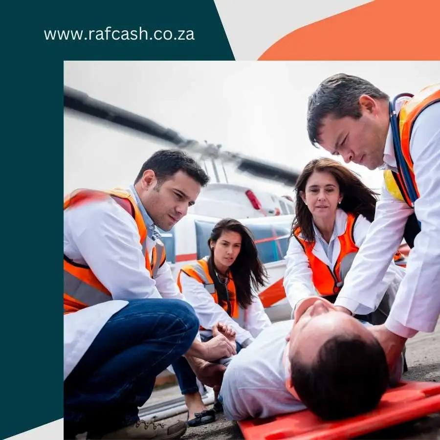 Medical team providing emergency care to a patient with a helicopter in the background