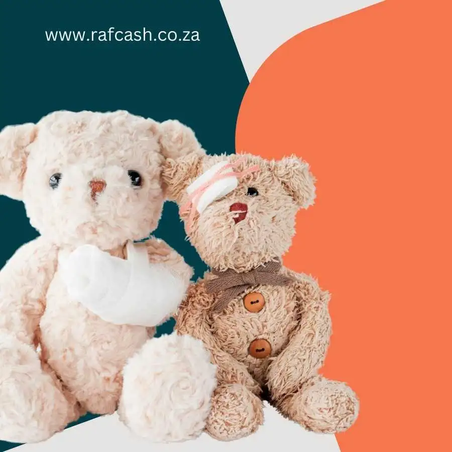 Two teddy bears with bandages and casts illustrating support for accident victims