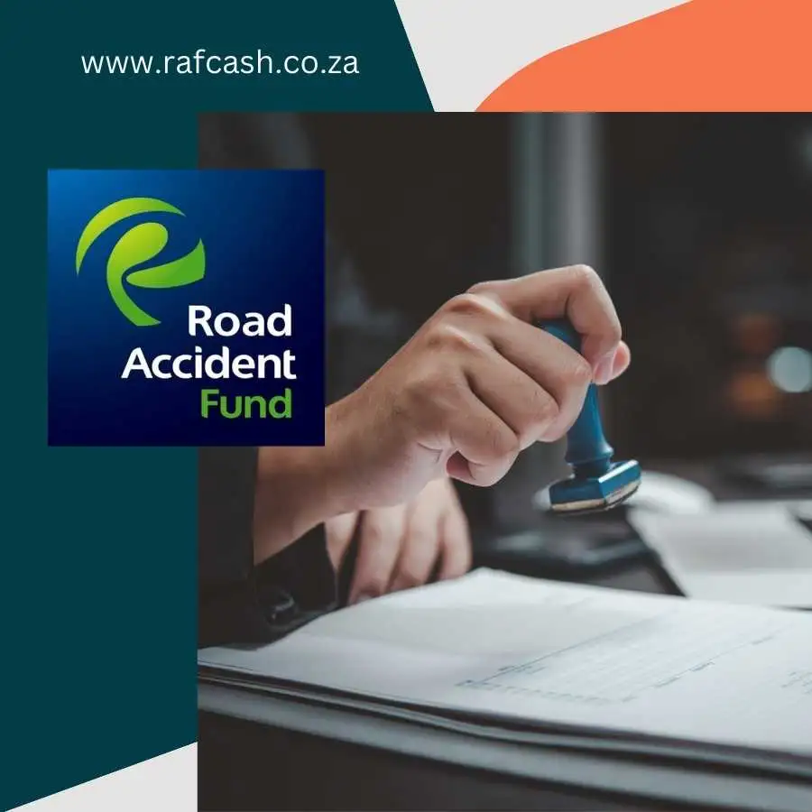 Hand stamping a document with the Road Accident Fund logo, symbolizing official claims processing