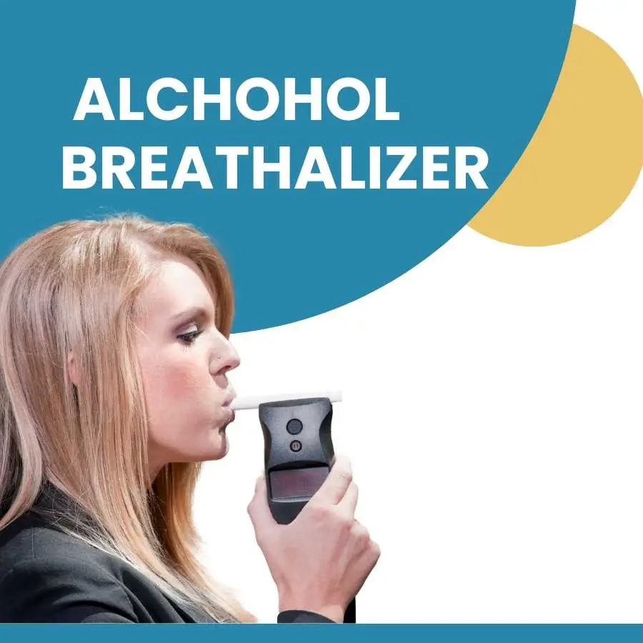 Woman using an alcohol breathalyzer to test blood alcohol content