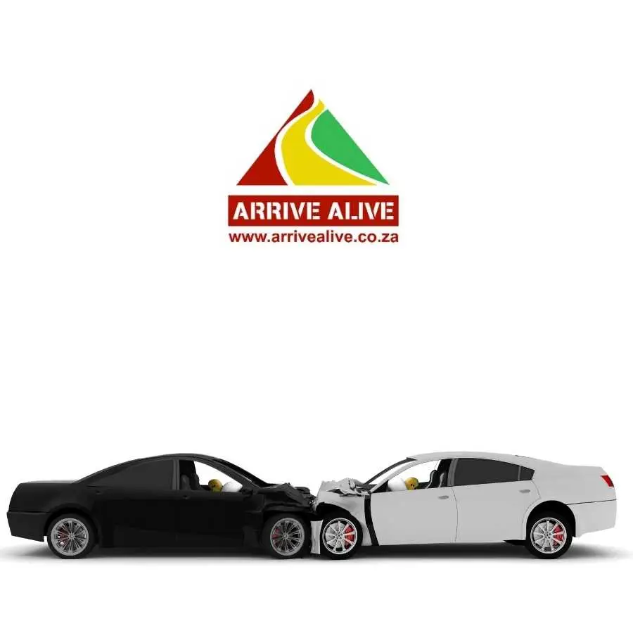 Two cars in a head-on collision simulation under the Arrive Alive campaign