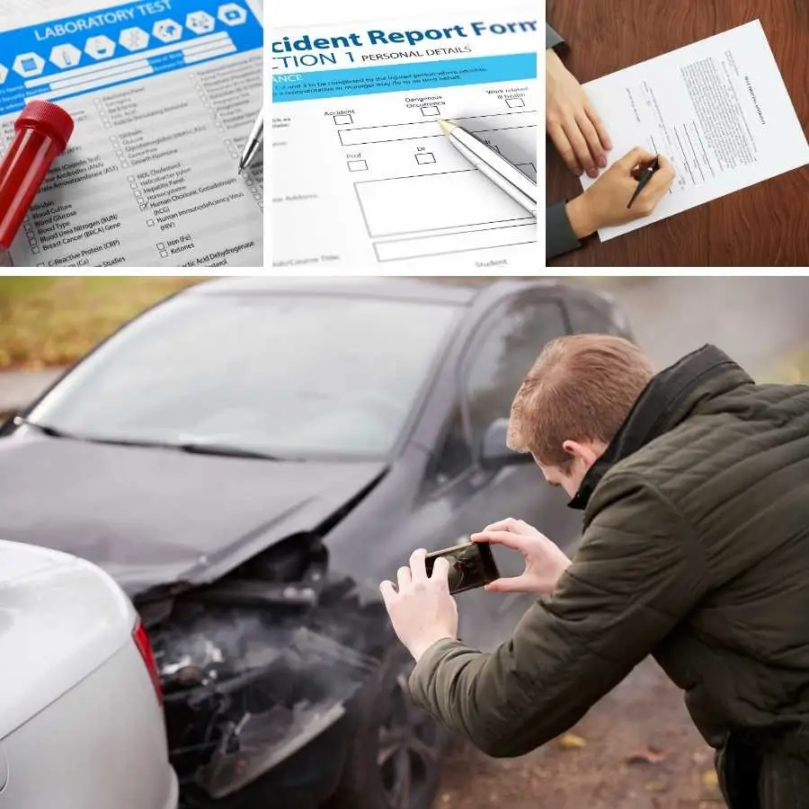 Collage of a car accident scene, accident report forms, and a man documenting vehicle damage