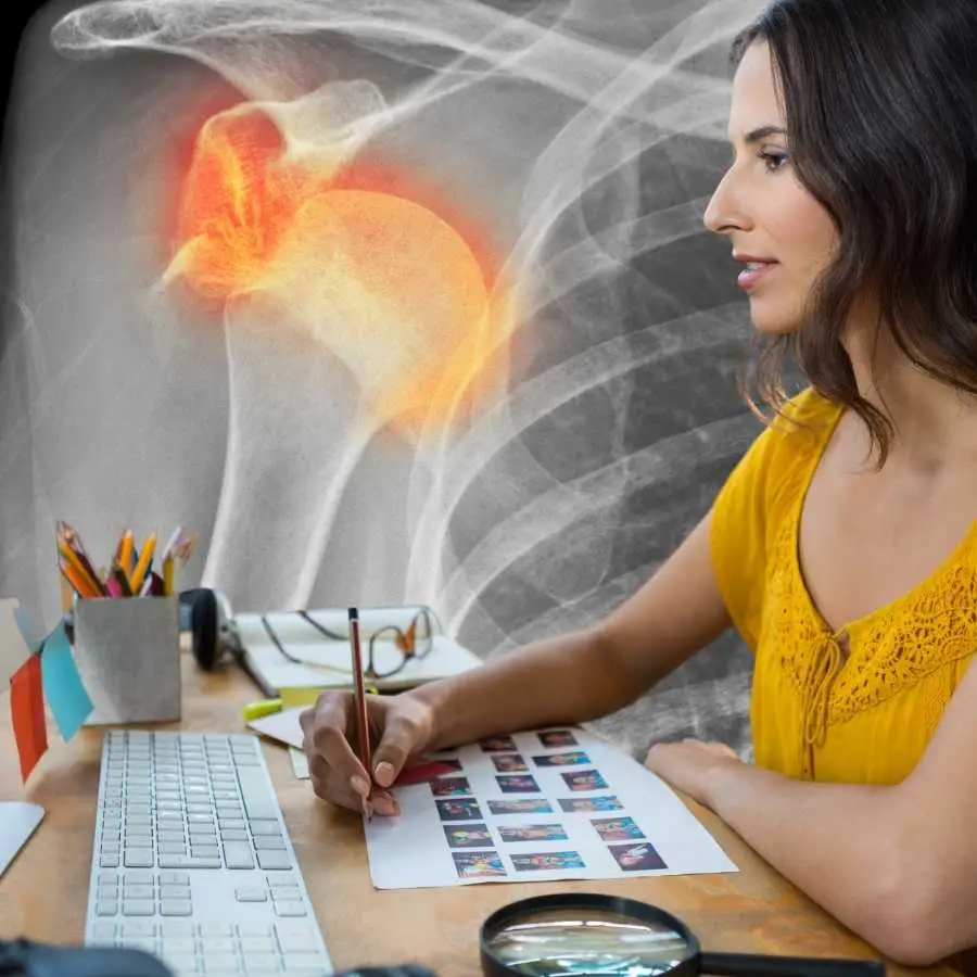 Graphic designer working at her desk with a shoulder X-ray overlay illustrating pain