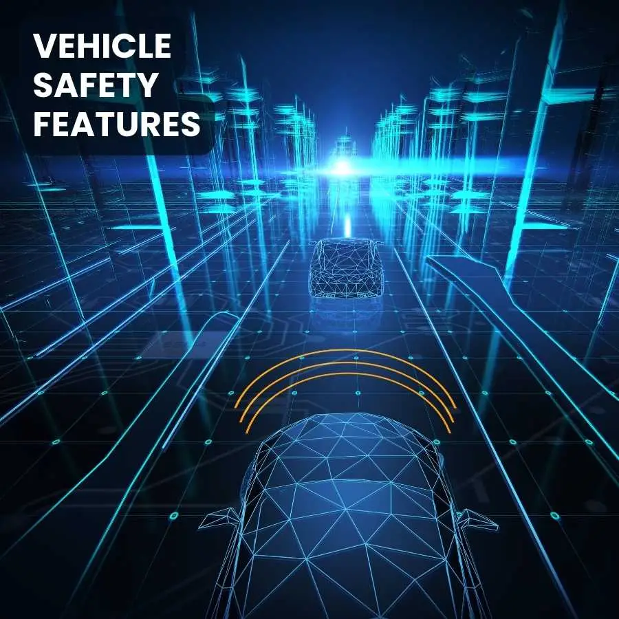 Advanced vehicle safety features depicted in a futuristic graphic interface