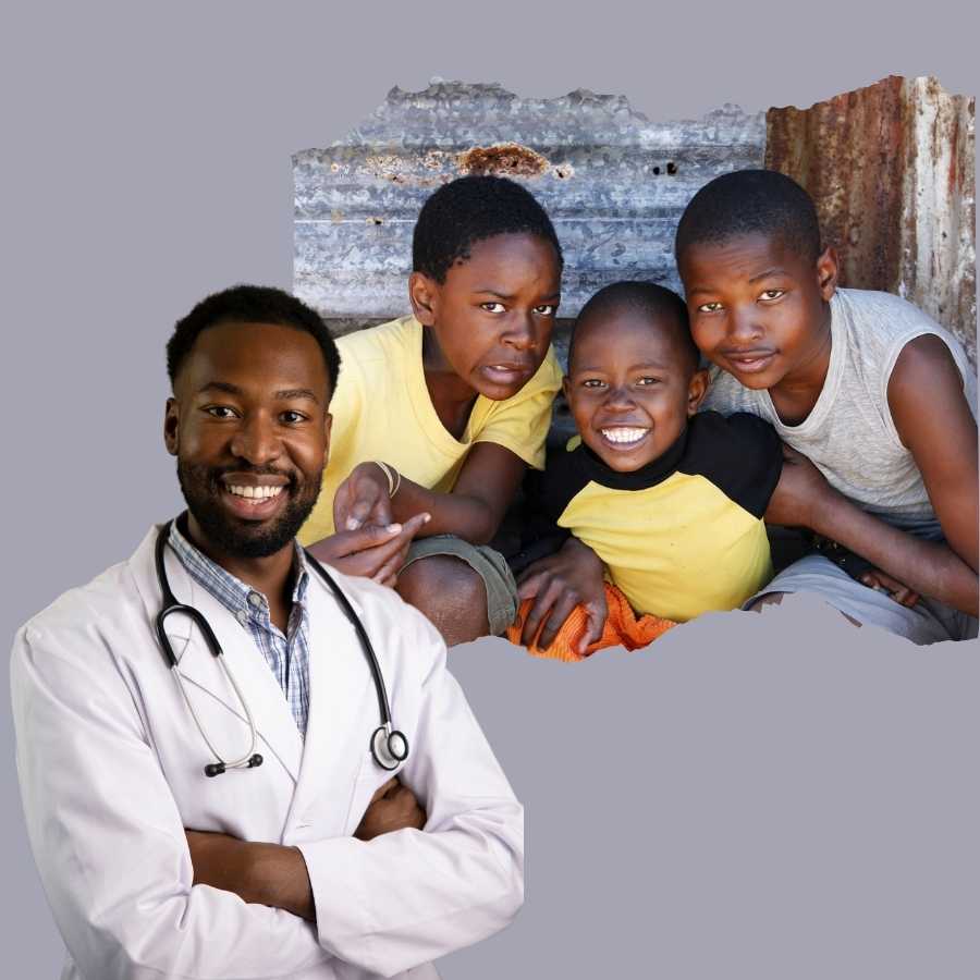 Doctor with stethoscope smiling with three young boys in a rural South African setting