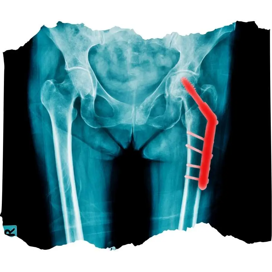 X-ray image showing hip replacement surgery with metal implant