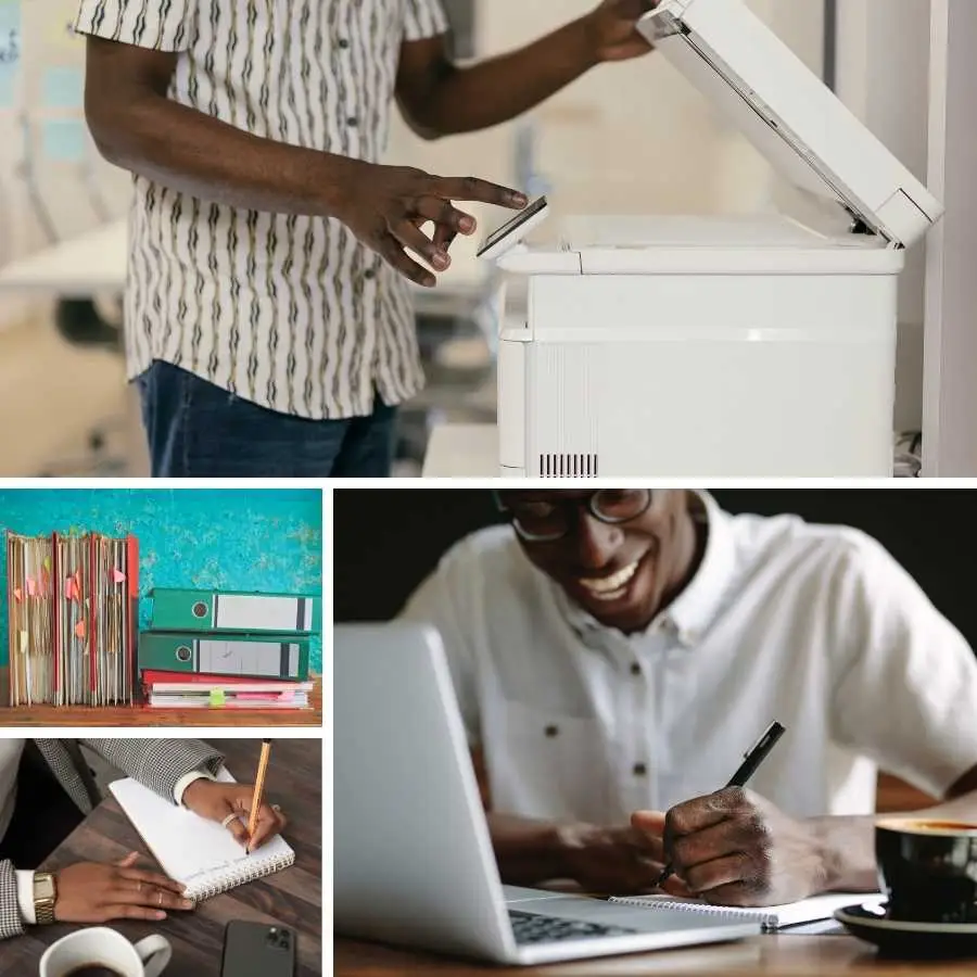 Montage of a man using a printer, organizing files, and writing notes for medical documentation