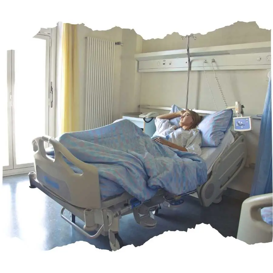 Patient recovering in hospital bed after shoulder surgery related to a road accident