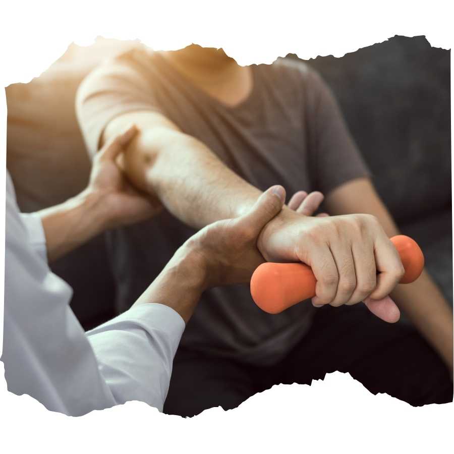 Physical therapist assisting a patient with arm rehabilitation using a dumbbell