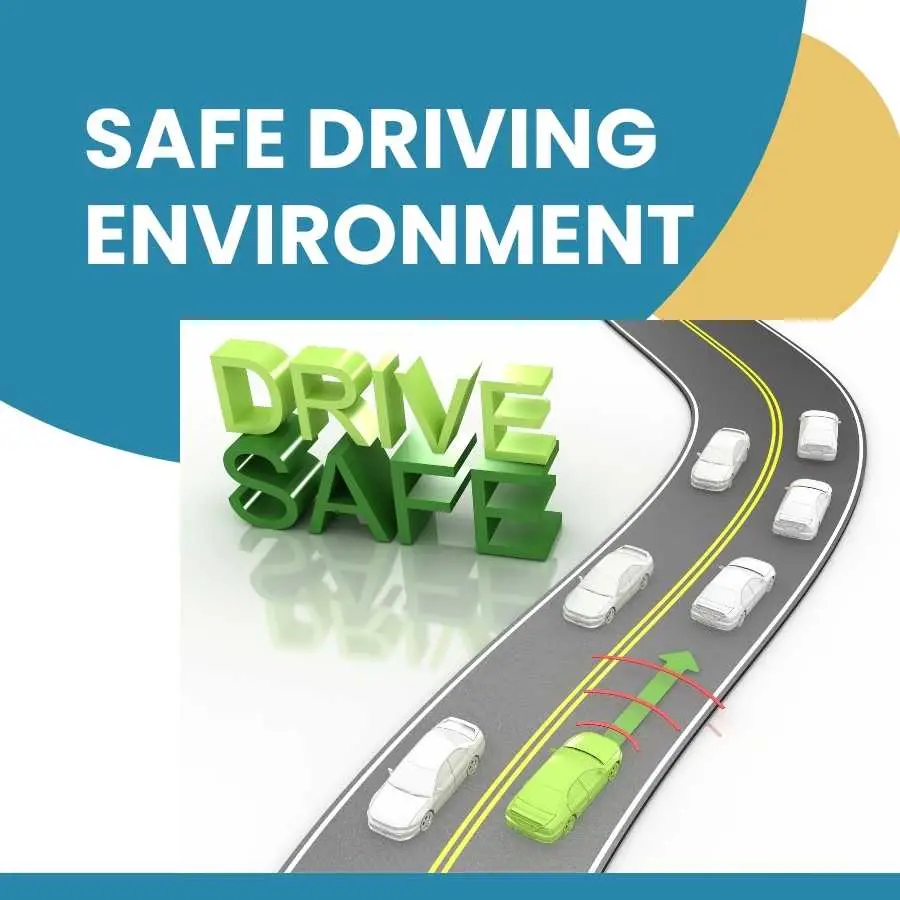 3D graphic of a road with cars and "Drive Safe" signage promoting safe driving