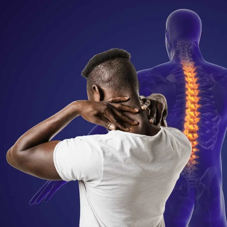 Man holding neck in pain with spine inflammation illustration