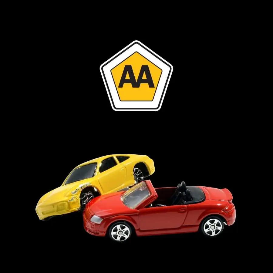 Toy car models under the Automobile Association (AA) logo representing road safety