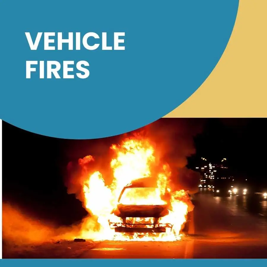 Car engulfed in flames at night highlighting the dangers of vehicle fires